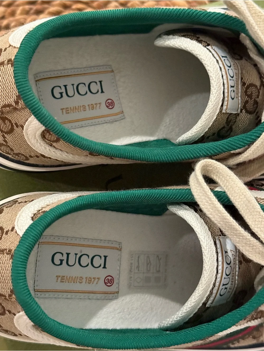 Gucci Women’s GG Canvas 1977 Green-Trim Low Top Sneakers by